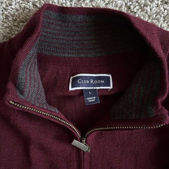 Club Room Men's Size L Merino Wool Blend Full-Zip Burgundy Sweater - Picture 8 of 11